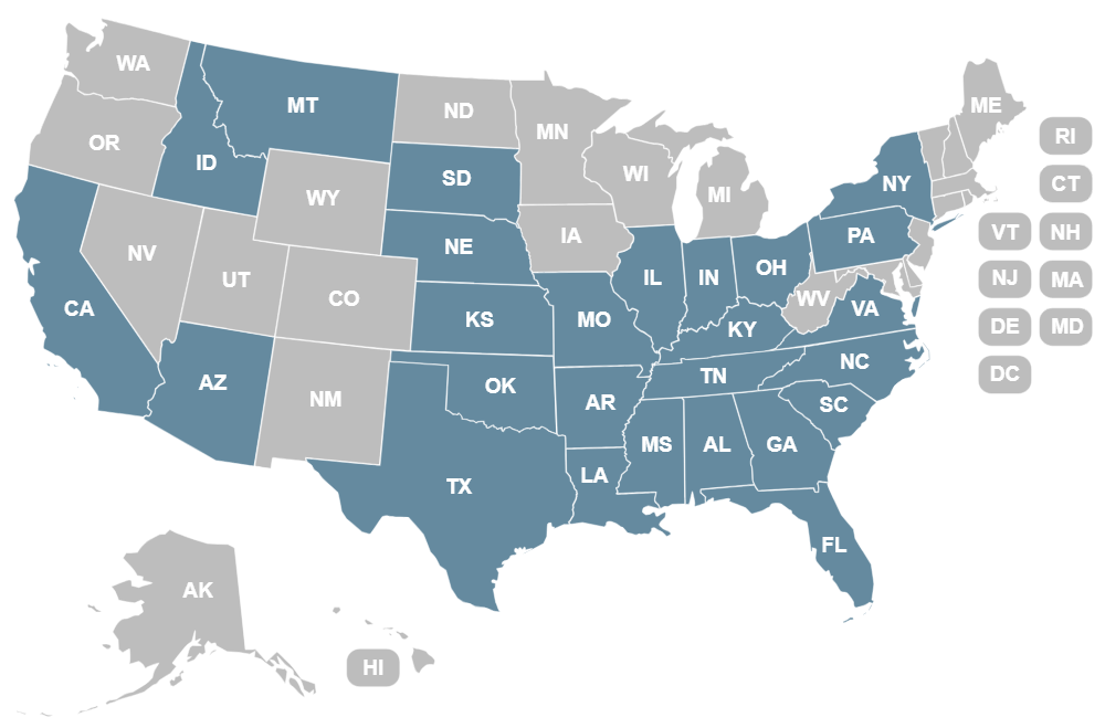 Map of projects in Texas, Louisiana, Arkansas, Mississippi, Alabama, Georgia, South Carolina, North Carolina, Virginia, Florida, Tennessee, Kentucky, Illinois, Missouri, Indiana, New York, Idaho, California, Arizona, Montana, Nebraska, South Dakota, Oklahoma, Ohio, Pennsylvania, and Kansas.